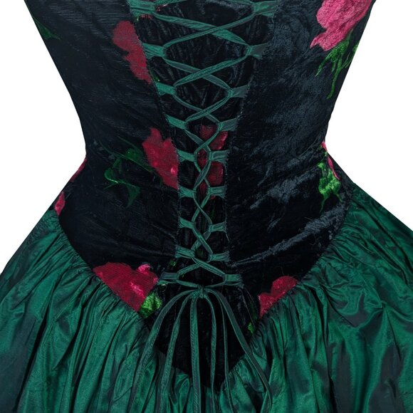 Vintage 80s CORSET Rose Floral Black Velvet Strapless Green Prom Party Dress S - Picture 4 of 16